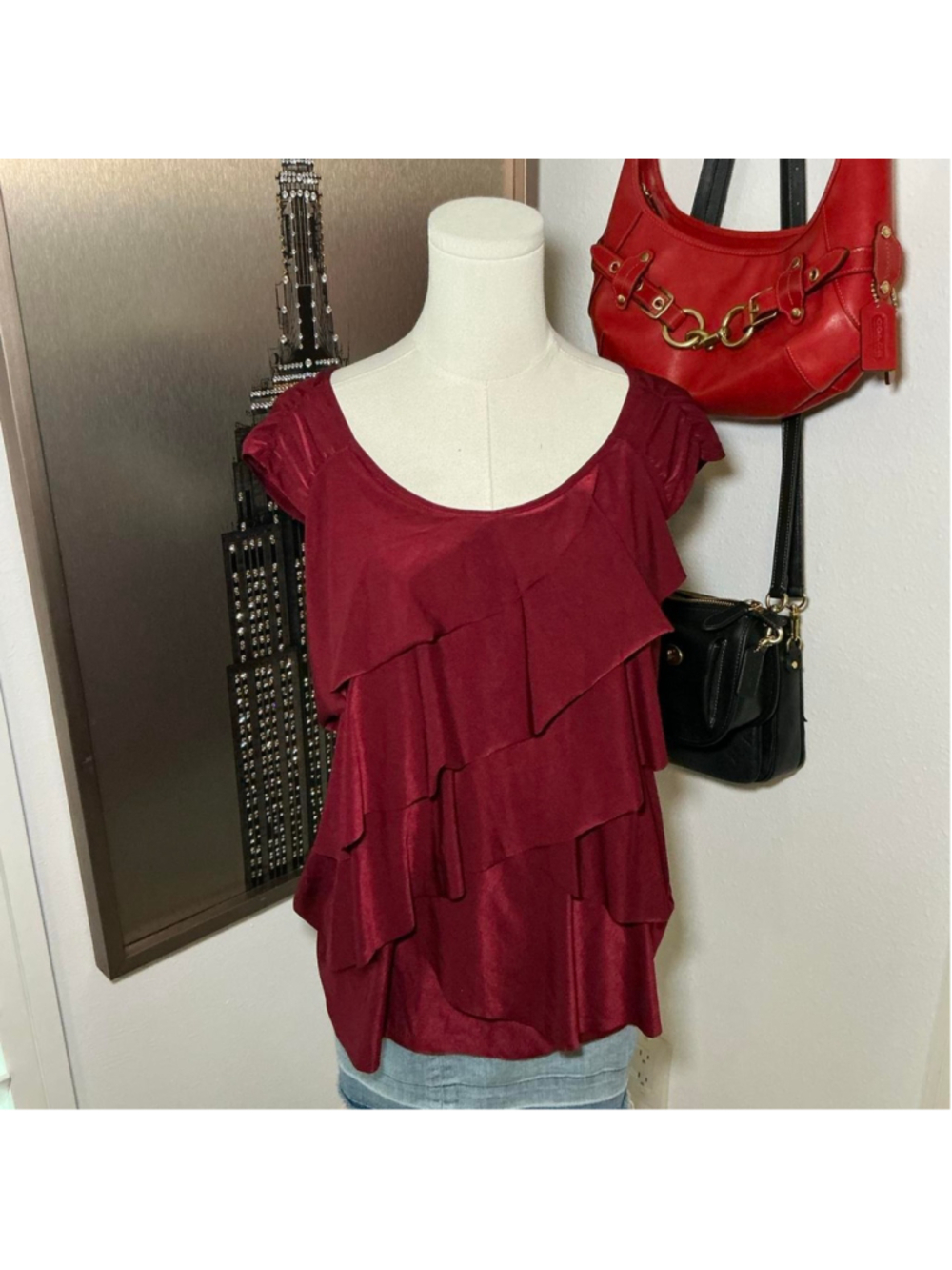 Attention Burgundy Tiered Ruffle Blouse Top XL